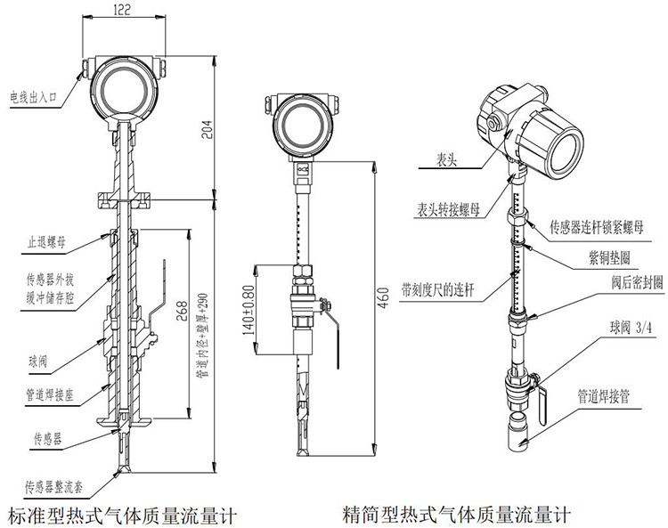 高溫型熱式氣體質(zhì)量流量計(jì)插入式結(jié)構(gòu)尺寸圖