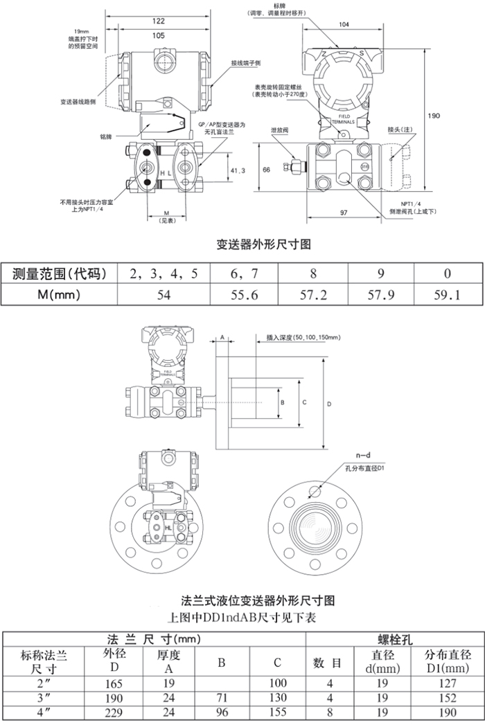 高溫型液位變送器規(guī)格尺寸表